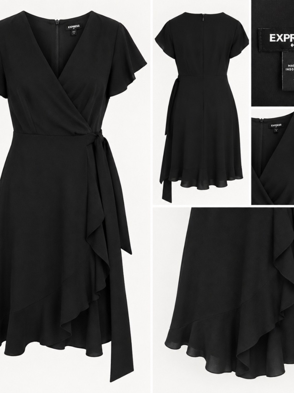Express Black Wrap Midi Dress with Tie Waist